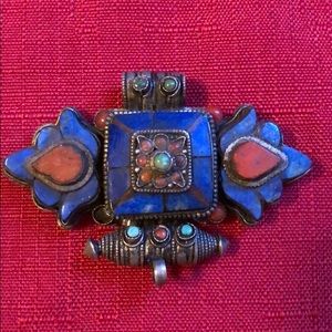 sterling , lapis and coral pendant from Tibet